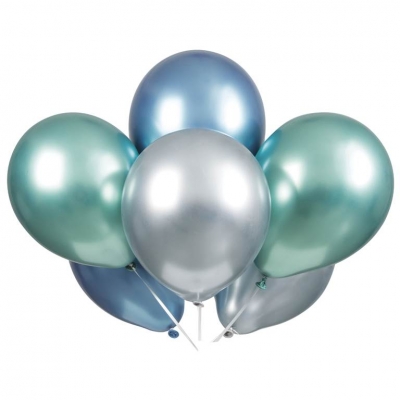 11" Latex Balloons Blue Green & Silver Platinum Pack Of 6