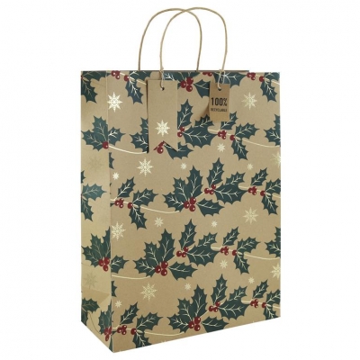 Christmas Kraft Holly Xl Bag (330mm X 455mm X 100mm)