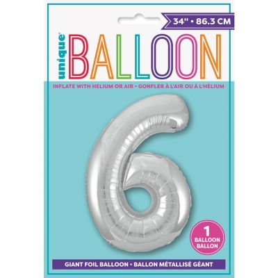 Silver Number 6 Shaped Foil Balloon 34"