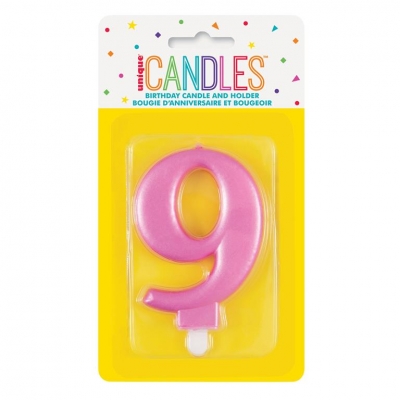 Metallic Pink Number 9 Birthday Candle