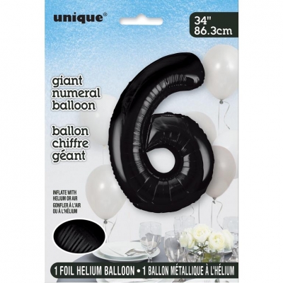 Black Number 6 Shaped Foil Balloon 34"