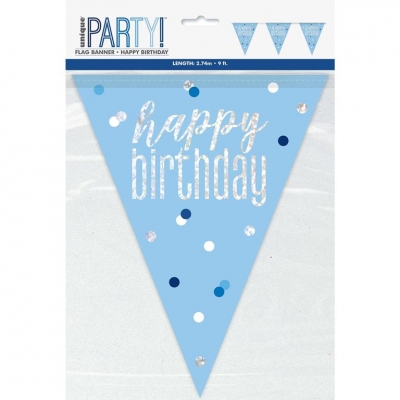 Glitz Blue & Silver Happy Birthday Flag Banner 9Ft