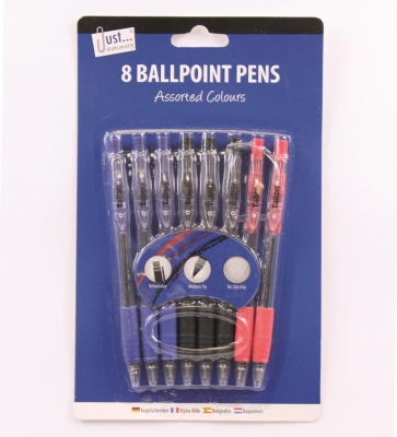 8 Retractable, Rubber Grip Pens