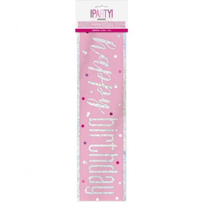 Glitz Pink & Silver Foil Banner "Happy Birthday" 9Ft