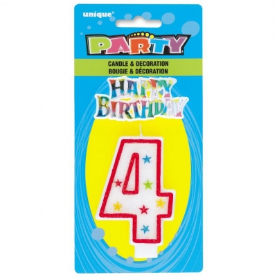 Number 4 Glitter Birthday Candle With Cake Decoration