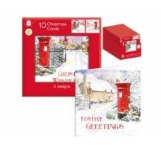 Christmas Square Painted Post Box 2 Design Card Pack Of 10