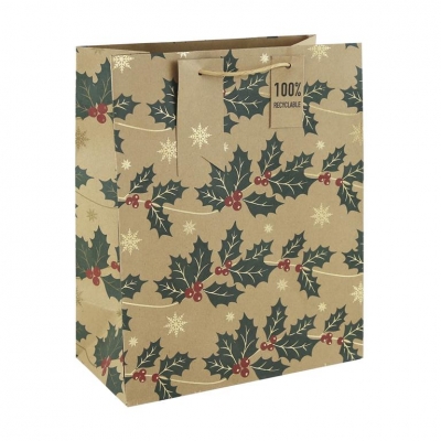 Christmas Kraft Holly Large Bag ( 265mm X 330mm X 140mm )