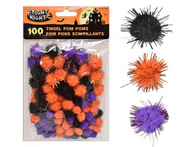 Assorted Halloween Tinsel Pom Poms 100 Pack