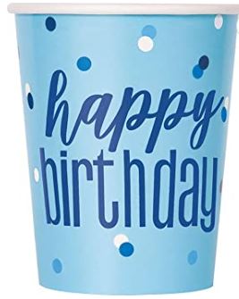 8 Blue & Silver Happy Birthday" Cups 9oz"