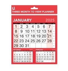 2025 Red & Black Three Month to View Planner, 24 x 25cm