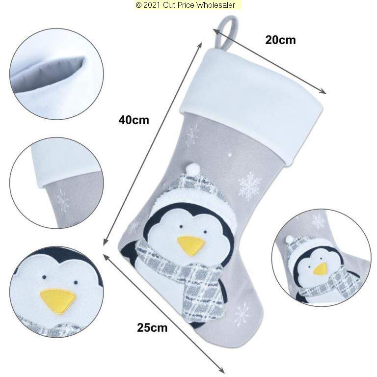 Deluxe Plush Silver Fluffy Hat Penguin Stocking 40cm X 25cm - Click Image to Close