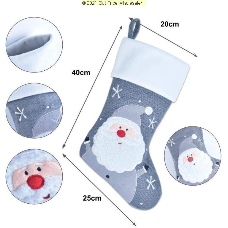 Deluxe Plush Grey Knitted Fluffy Santa Stocking 40cm X 25cm - Click Image to Close