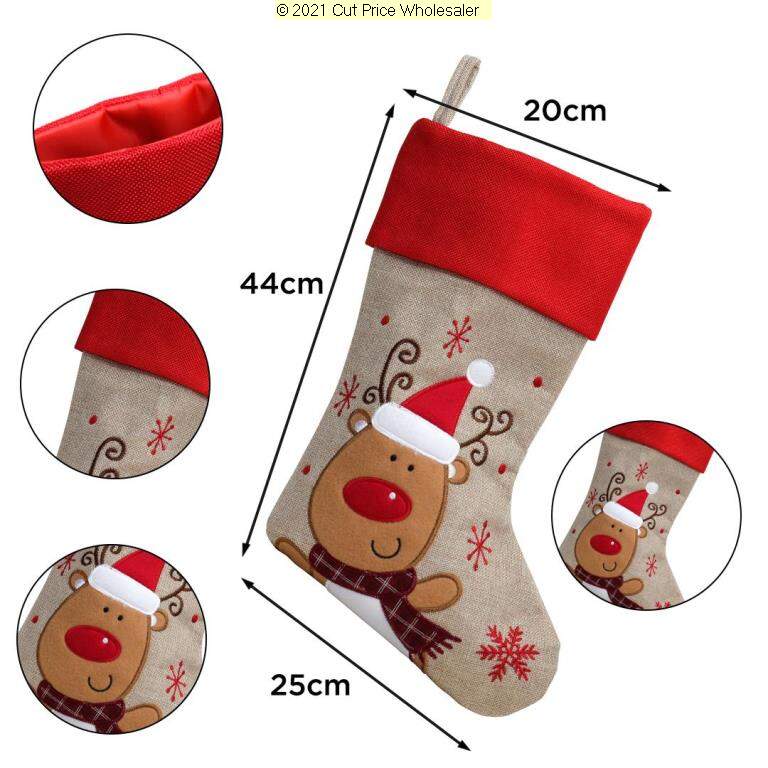 Deluxe Plush Hessian Red Top Reindeer Stocking 40cm X 25cm - Click Image to Close