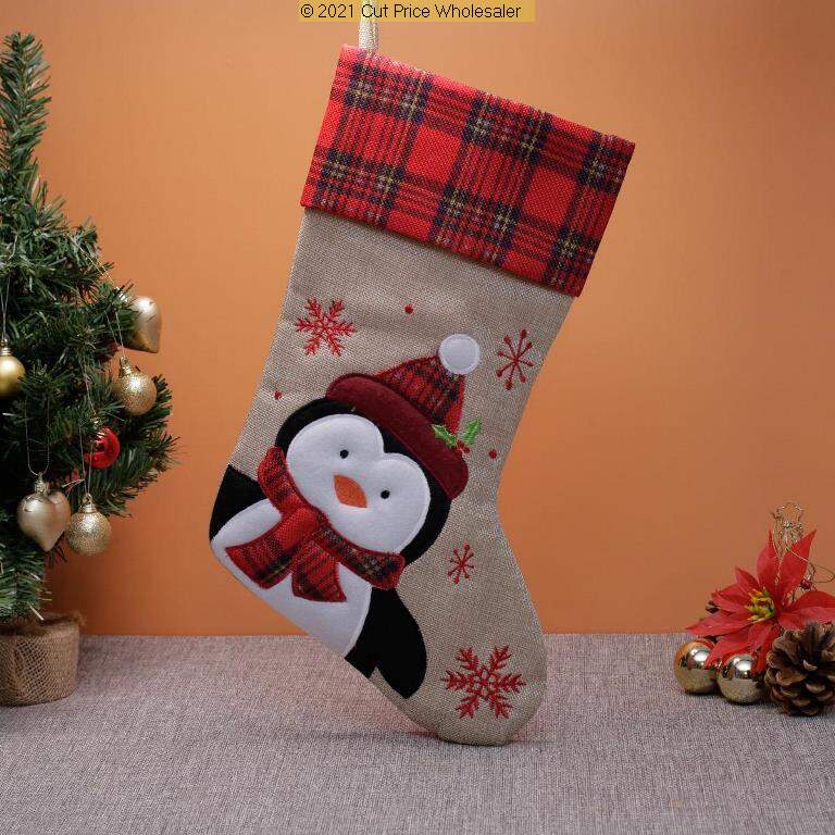 Deluxe Plush Tartan Penguin Christmas Stocking 40cm X 25cm - Click Image to Close